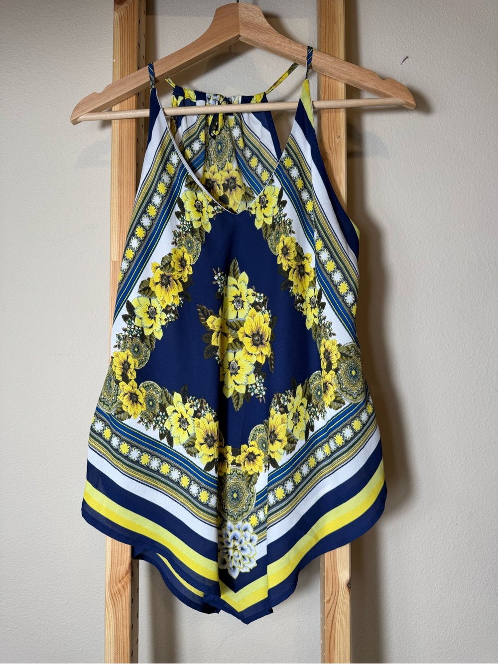 HeartSoul Y2K Navy Blue & Yellow Floral Scarf Print Halter Top Handkerchief M